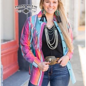Womens nwt crazy train button down fringe shirt size xl pink turquoise nfr